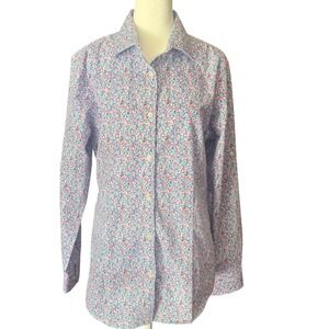 Kloth Womens Floral Button Down Shirt Blue Pink Roll Tab Long Sleeve Size L